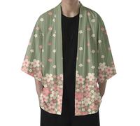 RUMAOZIA Japanese Kimono Men's Cardigan Jackets Casual Long Sleeve Coat Open Front Lightweight Yukata Outwear Summer Beach Japanese Happi Kimono Jacket Cherry Blossom Print Shirt Jacket, Z03 Green, L