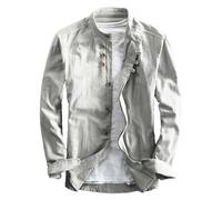 RUMAOZIA Linen Shirt Long Sleeve Katana Shirt Men's Japanese Style Shirt for Men Plain Men's Casual Breathable Classic Tops Stand-Up Collar Slim Fit Linen Cotton Shirt Casual Shirts, Z06 Light Grey