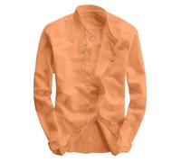 RUMAOZIA Linen Shirt Long Sleeve Katana Shirt Men's Japanese Style Shirt for Men Plain Men's Casual Breathable Classic Tops Stand-Up Collar Slim Fit Linen Cotton Shirt Casual Shirts, orange, XL