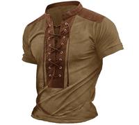 RUMAOZIA Linen Shirt Men's V-Neck Medieval Henley Shirt Cotton Retro Short Sleeve Shirts for Renaissance Pirate Viking Summer Tops Vintage Men's Tops Stylish T-Shirt with Lacing, Z01 Brown, XL