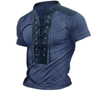 RUMAOZIA Linen Shirt Men's V-Neck Medieval Henley Shirt Cotton Retro Short Sleeve Shirts for Renaissance Pirate Viking Summer Tops Vintage Men's Tops Stylish T-Shirt with Lacing, Z01 Blue, XL