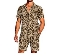 RUMAOZIA Men's 2-Piece Leopard Print Hipster Short Sleeve Button Down Shirt and Shorts Set Breathable Quick Dry Jogging Suit Slim Fit Hawaiian Shirt Sets, khaki, L