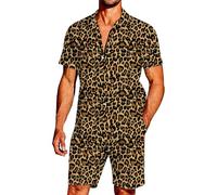 RUMAOZIA Men's 2-Piece Leopard Print Hipster Slim Fit Hawaiian Shirt Men's Shorts with Drawstring Beach Sets Short Sleeve Button Down Shirt and Shorts Set Breathable Quick Dry Jogging Suit, C Brown, M