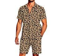 RUMAOZIA Men's 2-Piece Leopard Print Hipster Slim Fit Hawaiian Shirt Men's Shorts with Drawstring Beach Sets Short Sleeve Button Down Shirt and Shorts Set Breathable Quick Dry Jogging Suit, A Khaki,