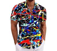 RUMAOZIA Men's Hawaiian Shirt 80s 90s Style Short Sleeve Carnival Fancy Dress Outfit 80s Shirts 90s Button Up Shirt Retro Hawaiian Beach Shirt Neon Disco Funny Party Shirts Colourful Vintage Shirts
