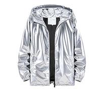 RUMAOZIA Men's Shiny Jacket Plain Baseball Bomber Jacket Night Club Trench Coat Shiny Hoodie Hooded Disco Men's Coat Party Lightweight Metallic Long Sleeve Hooded Jacket with Zip, O silver., XXL