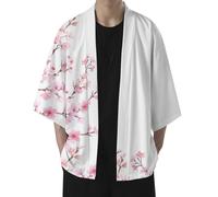 RUMAOZIA Men's Summer Kimono Cardigan - Traditional Japanese Clothing Haori Costume Taoist Robe Long Sleeve Jacket Sakura Print Shirt Jacket Nightdress Bathrobe Sleepwear for Men, A white, S
