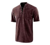 RUMAOZIA Men's T-Shirts Gentlemans Business Short Sleeve Fitness T Shirt V Neck Medieval Retro Lace Henley Shirts with Lacing Vintage Casual T-Shirts Regular Fit Summer Tops Tops, Wine Red, XXL