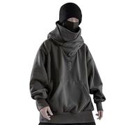 RUMAOZIA Ninja Hoodie Men's Harajuku Pullover With Hood Lined Winter Vintage Y2k Oversized Fleece Sweatshirt Streetwear Hip Hop Shawl Collar Turtleneck Jumper, O Grey, XXL