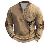 RUMAOZIA Viking Pullover Men's Sweatshirt Warrior Motif - Pullover with Odin Wing Helmet and Celtic Knot Biker Long Sleeve Shirt with Zip Collar in 3D Print, khaki, XXL