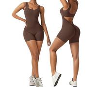 RUMAOZIA Women's Jumpsuit Stretch Sports Jumpsuit One Piece Full Body Suit Romper Yoga Fitness Workout Short Tight Scrunch Butt Bodysuit Sexy Backless Sleeveless Playsuit, brown, S