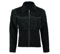Rumble Products Men's Traditional Black Western Leather Jacket Native American Suede Leather Jacket Fringe Tassels, Black, L