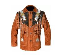 Rumble Products Men's Traditional Cowboy Jacket | Native American Brown Suede Leather | Button-up Style With Fringes Jacket, Brown, M