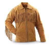 Rumble Products Men's Traditional Cowboy Western Jacket | Tan Native American Suede Leather Jacket With Fringe Tassels, Tan Brown, S