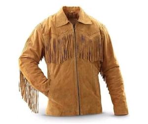 Rumble Products Men's Traditional Cowboy Western Jacket | Tan Native American Suede Leather Jacket With Fringe Tassels, Tan Brown, M