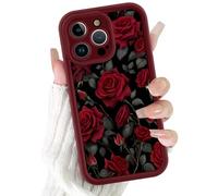 RUMDEY Case for iPhone 15 Pro Max 6.7'', Romantic Rose Flower Phone Case, Aesthetic Vintage Midnight Red Floral Design for Girl Boy Women Men, Soft Silicone Shockproof Full Camera Protection Case