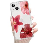RUMDEY Cute Lily Flower Phone Case for iPhone 15 Clear Red Floral Case 6.1", Aesthetic Pattern Print Design Cover Shockproof Silicone Soft Slim TPU Hard PC Back Protection Funda for Girls Women