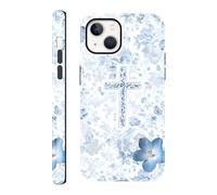RUMDEY for iPhone 13/iPhone 14 6.1'' Blue Flower Cross Jesus Christian Phone Case, Elegant Christian Faith Floral Print, Fall Prevention Glossy Hybrid 2-Layer Hard Shell Phone Cover for Woman Girls