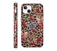 RUMDEY for iPhone 15 6.1'' Cute Cherry Bow Leopard Print Phone Case, Y2K Aesthetic Cheetah Glitter Stars Design, 2 in 1 Full Body Rugged Shockproof Protection Cover for Woman Girls