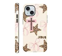 RUMDEY for iPhone 15 Plus 6.7'' Cool Leopard Cross Jesus Christian Phone Case, Pink Bow & Cheetah Stars Pattern, Hybrid Soft TPU + Hard PC Dual Shockproof Protective Cover for Women Girls
