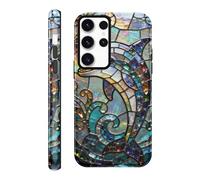 RUMDEY for Samsung Galaxy S23 Ultra 5G 6.8'' Colorful Dolphin Summer Stained Glass Phone Case, Trendy Glitter Ocean Wave Mosaic Art Case, 2-in-1 Shockproof Protective Cover for Women Men Girls
