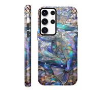 RUMDEY for Samsung Galaxy S23 Ultra 5G 6.8'' Rainbow Dolphin Stained Glass Phone Case, Cool Summer Ocean Mosaic Art Design, Glossy Dual-Layer Shockproof Protective Cover for Woman Men Girls