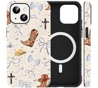 RUMDEY Vintage Western Cowgirl Phone Case for iPhone 15 Plus 6.7'', Compatible with MagSafe, Wild West Country Bow Boots Pearl Design Cover Double Shockproof Protective Magnetic Case for Woman Girls