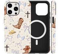 RUMDEY Vintage Western Cowgirl Phone Case for iPhone 15 Pro Max 6.7'', Compatible with MagSafe, Wild West Country Bow Boot Pearl Design Cover Double Shockproof Protective Magnetic Case for Woman Girls