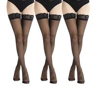 Rumgug 3Pcs Women Hold Up Stocking, 20 DEN Sheer Lace Top Thigh High Stockings Women Anti-skid Silicone Lingerie Stockings with Lace Bands Hold Up Lingerie Elegant and Comfortable, Black, One Size