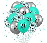 RUMIA 15 PCS Teal Silver 21st Birthday Balloons for Teen Boy Girl 21 Anniversary Cyan Birthday Party Latex Clear Confetti Balloons Decor Indoor Outdoor Supplies