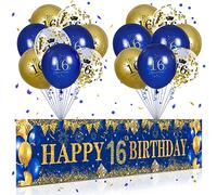 RUMIA 16th Birthday Decorations for Boys Girls Blue and Gold, Navy Gold Yard Banner 18 PCS Happy Balloons Anniversary Party Supplies Indoor Outdoor Decor