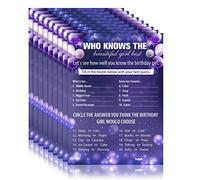 RUMIA 50 Pcs Who Knows The Birthday Girl Best Game Cards Purple Birthday Party Activity Game Card for Girls Notebook Themed Party Sleepover Slumber Party Games Girl Birthday Supplies