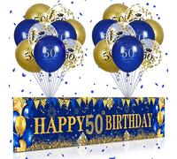 RUMIA 50th Birthday Decorations for Men Blue and Gold,Navy Gold Outdoor Yard Banner 18pcs Latex Confetti Happy Balloons Anniversary Party Supplies Women (A6-hcx)