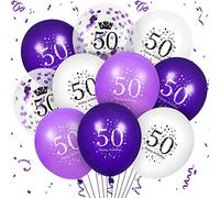 RUMIA 50th Purple Birthday Balloons Decorations, 16 PCS Purple White Confetti Latex Balloons for Women Men Happy Birthday Party Wedding Anniversary Indoor Outdoor Party Supplies,12 Inch (50th)