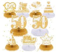 RUMIA 9Pcs 50th Golden Wedding Anniversary Decorations White Gold 50th Golden Wedding Anniversary Honeycomb Centerpiece Golden Wedding Anniversary Table Toppers Honeycomb Decorations