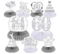 RUMIA 9Pcs 60th Wedding Anniversary Decorations Happy 60th Diamond Wedding Anniversary Honeycomb Centerpiece 60th Wedding Anniversary Table Toppers Centerpiece Decorations