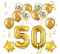 RUMIA Gold 50th Birthday Balloons Set for Men Women - 15pcs (2x40" Foil 5&0, 2x18" Star Foil, 10x12" Latex Confetti) - Unisex-Adults Anniversary Decorations