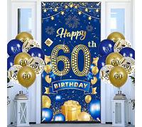 RUMIA Happy 60th Birthday Decorations Door Banner and Balloons, Navy Blue Gold Cover Porch Backdrop with 18pcs Balloons for Men Women Anniversary Party Sign Decor