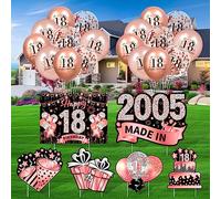 Rumia Rose Gold 18th Birthday decor 6Pcs Yard Signs Made in 2005 Lawn Sign & 18Pcs Balloons for 18 Years Old Party Anniversary Outdoor Supplies, (A9G9T1A-B)