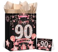 Rumia Rose Gold 90th Birthday Gift Bag with Happy 90th Birthday Greeting Card and Tissue Paper for Women Rose Gold 90 Years Old Gift Wrap Bag for Christmas 90 Bday Party Decorations Supplies
