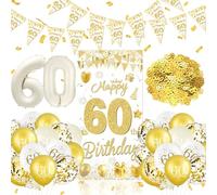 RUMIA White Gold 60th Birthday Decorations Kit: Door Cover, Triangle Flag Banner, Number 60 Balloon, Latex Balloons, Confetti for Women's 60th Birthday Party