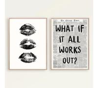 Rumlly Black White Wall Art Kiss Lips Preppy Canvas Poster Aesthetic What If It All Works Out Retro Newspaper Print Home Decor(60x90cmx2/Frameless)