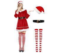 rumnigh 4 Pcs Women Christmas Elves Costume Set Velvet Dress with Belt Striped Over Knee High Socks Hat for Xmas Cosplay, Red, XL