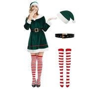 rumnigh 4 Pcs Women Christmas Elves Costume Set Velvet Dress with Belt Striped Over Knee High Socks Hat for Xmas Cosplay, Green, XL
