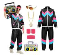 rumnigh 80s 90s Fancy Shell Suit Costume Men Women Adults, 80s Disco Hip Hop Tracksuit for Halloween Carnival Party (Black, S)