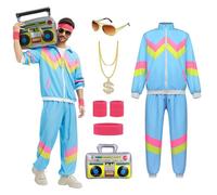rumnigh 80s 90s Fancy Shell Suit Costume Men Women Adults, 80s Disco Hip Hop Tracksuit for Halloween Carnival Party (Blue, S)