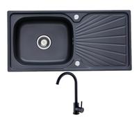 RUMO Aurora Black Anthracite With Tap Nano Coated Stainless Steel Kitchen Sink 1.0 One Single Large Deep Bowl Reversible Sinks with Drainer Inset Includes Waste Kit 91cm X 45cm (Aurora Black With Tap)