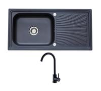 RUMO Echo Black Anthracite Kitchen Sink with Tap Nano Coated Stainless Steel 1.0 One Single Large Deep Bowl Reversible with Drainer Inset Includes Waste Kit (Echo Black with Tap)