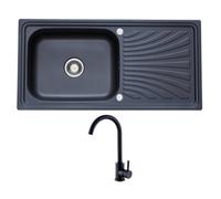 Rumo Echo Black Anthracite Kitchen Sink With Tap Nano Coated Stainless Steel 1 One Single Large Bowl Reversible Waste Kit Included