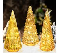 RumonZS 3 Pack Gold Glass Christmas Tree Home Decor Illuminated Mercury Xmas Trees Mercury Glass Christmas Table Decorations Lighted Xmas Tree for Living Room Centerpieces Fireplace Tabletop Party